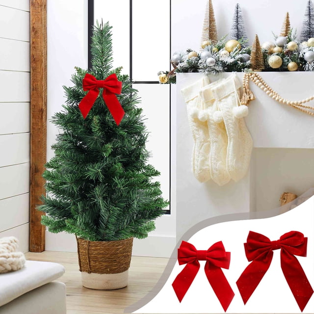 Adorno Navideño de Terciopelo Rojo con Lazo | 13 X 11 X 1,5 Cm | Material: Tela | Decoración Navideña para Árbol, Caja de Regalo, Puerta, Chimenea | Seguro para Niños E Ignífugo | Incluye Bolsa de Al