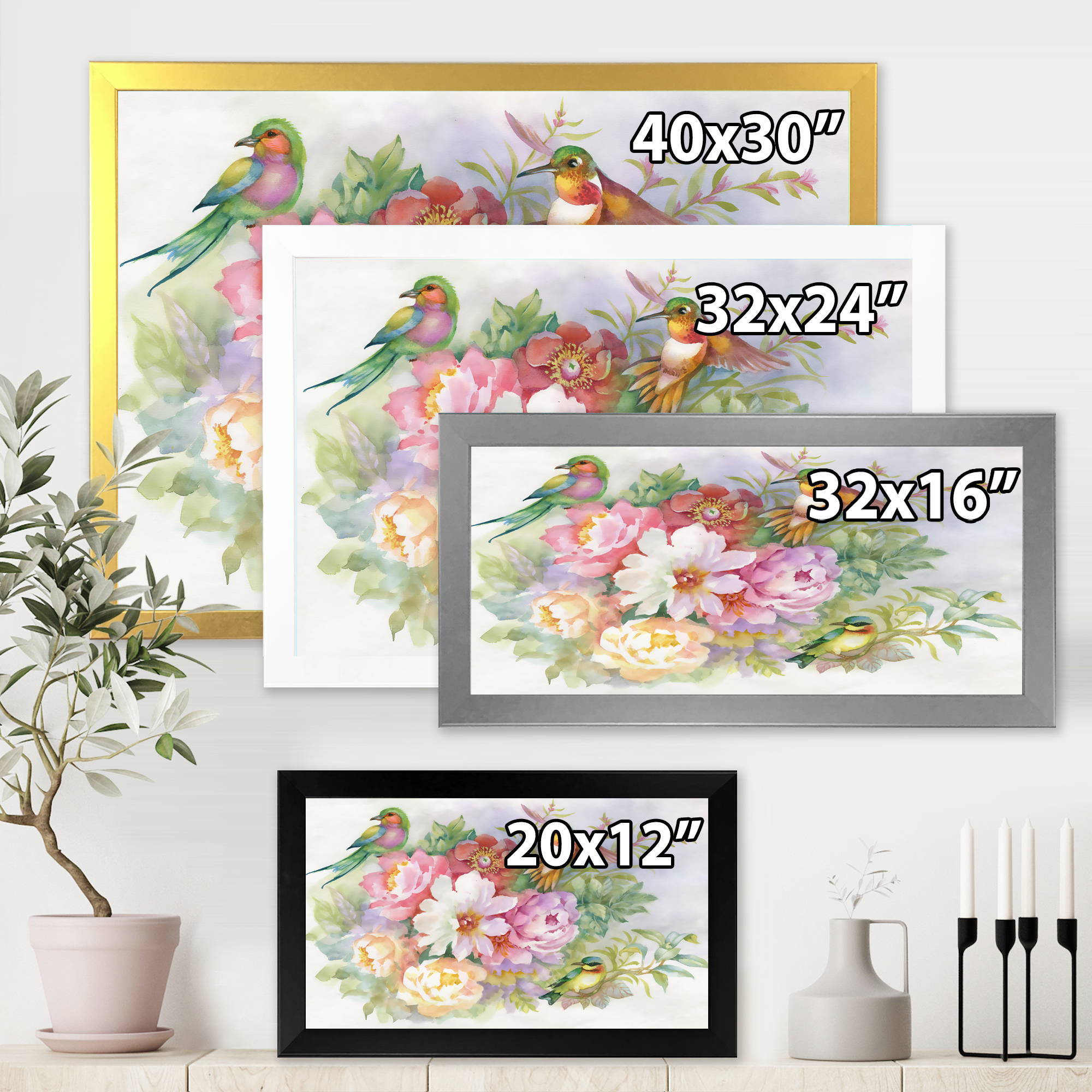 Designart 'Colourful Birds and Vibrant VIntage Flowers' Traditional Framed Art Print