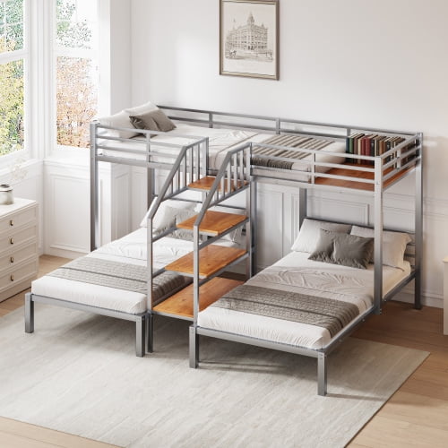 Metal Twin Over Twin & Twin Bunk Bed, Triple Bunk Bed with Storage Staircase - Modern Space Saving Triple Bunk Bed for Small Space, Guest Room, Silver