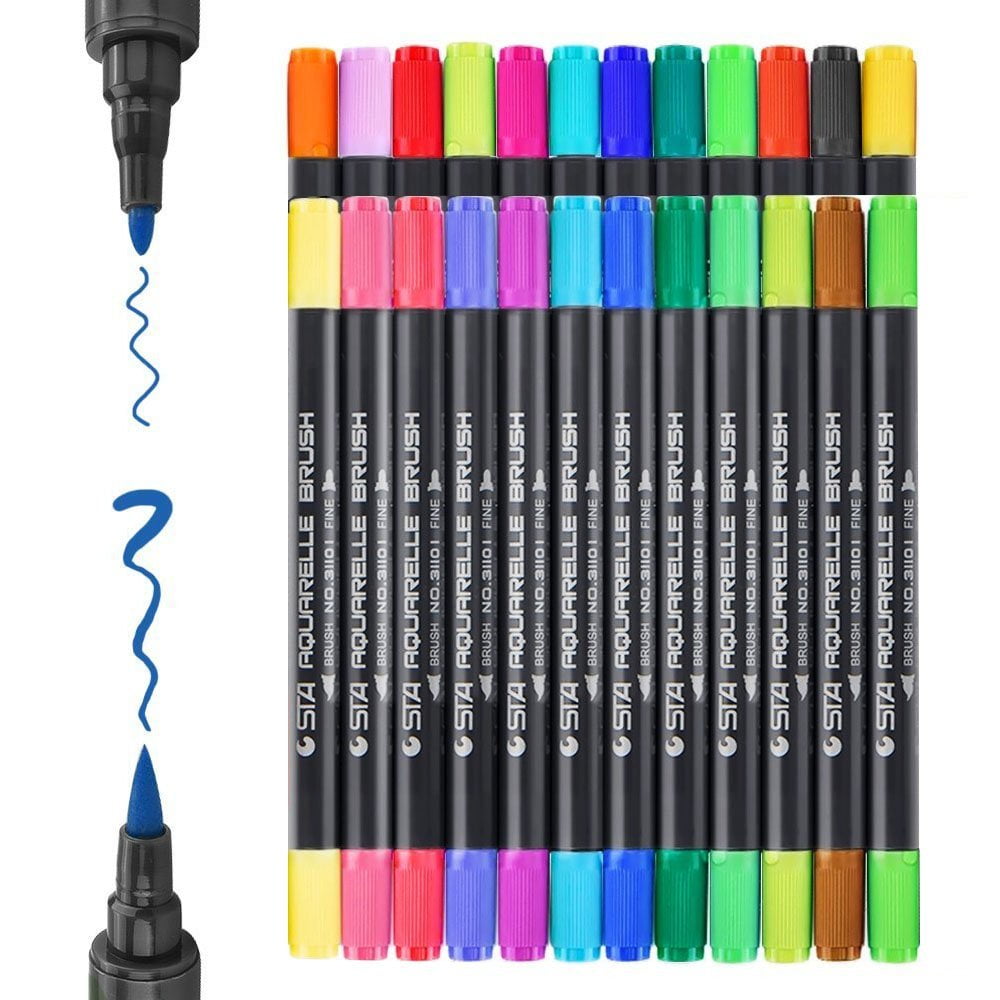 24 Colors Dual Tips Brush Drawing Pens Watercolor Art Markers Set Water based 