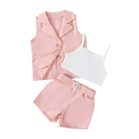 

Posijego 3 Piece Girls Suit Set Sleeveless Button Down Blazer + Crop Cami Top + Shorts Sets Summer Clothes Outfits