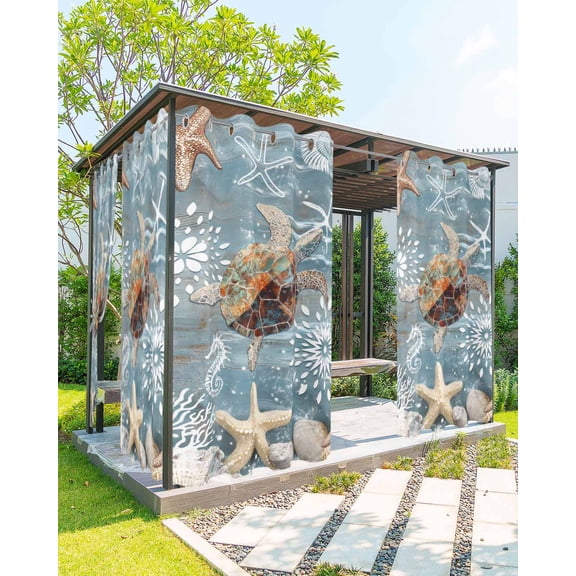 Outdoor Curtains for Patio, Coastal Turtle Waterproof Blackout Outside Curtain for Porch/Pergola, Teal Nautical Ocean Starfish Coral Thermal Insulated Drapes for Cabana, 2 Panels, 54 x 108 Inch