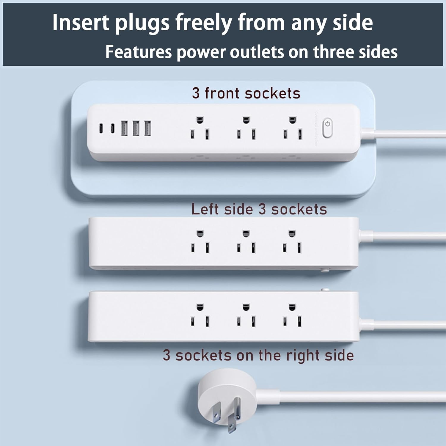 ZHENYEMEI Surge Protector Power Strip, 5 ft Flat Plug Long Extension Cord, Multi Plug Outlet Extender, 9 Outlets 3 USB A & 2 USB C Ports for Travel Home Office Entertainment, White