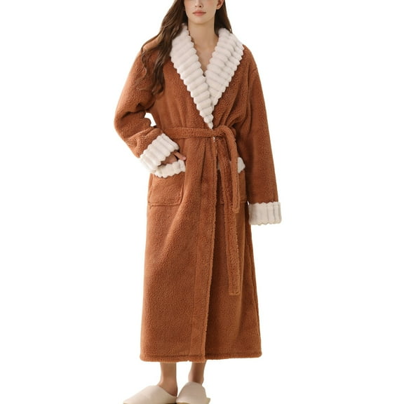 SWSMCLT Women's Fleece Robe Long Pjs Warm Oversized Sleeping Soft Wrap Fashion Pajamas Long Sleeve Lounge Comfy Coffee X-Large-XX-Large