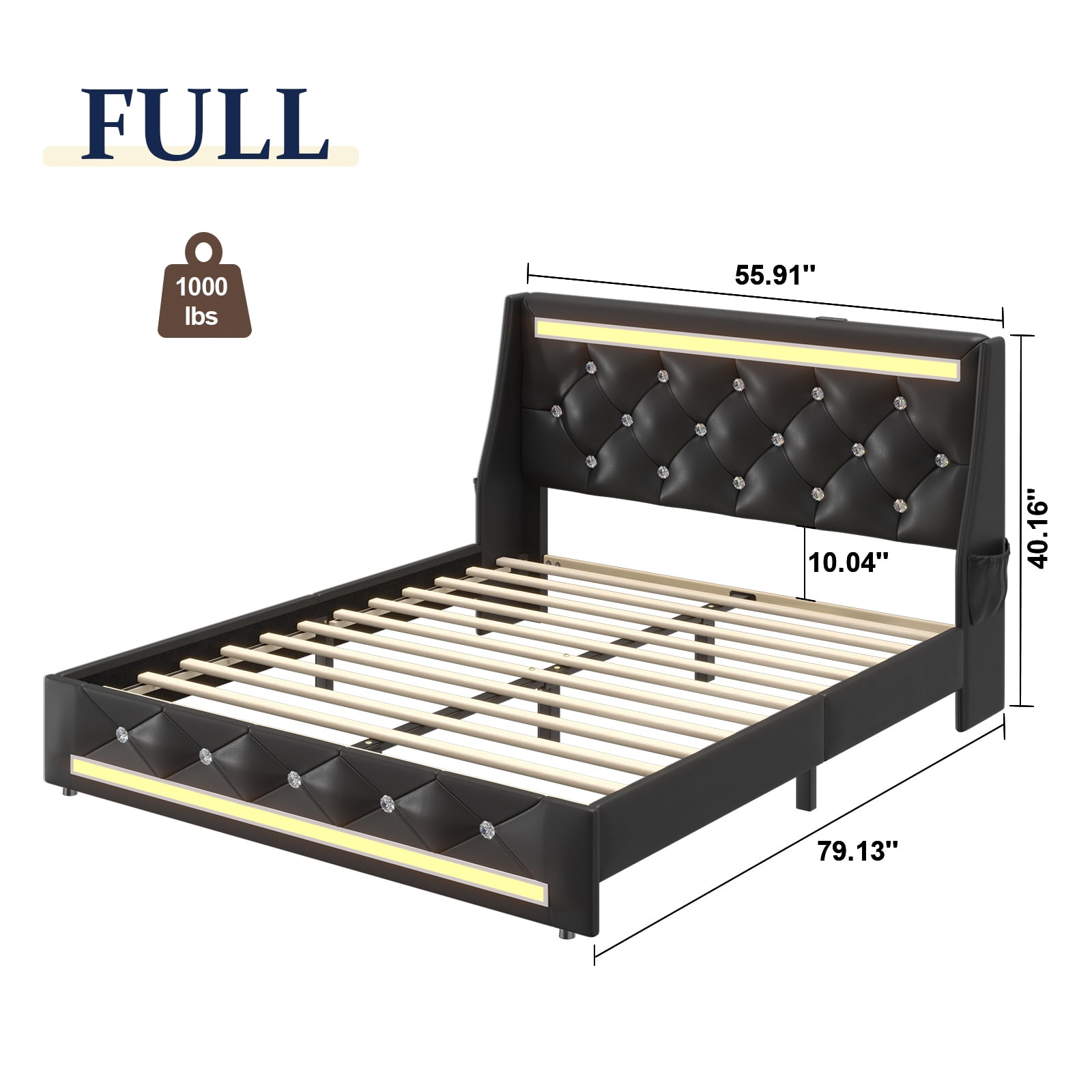 Holiway Full Size LED Bed Frame with Upholstered Headboard, Wingback PU Leather Headboard with Charging Station, Diamond Tufting, Black