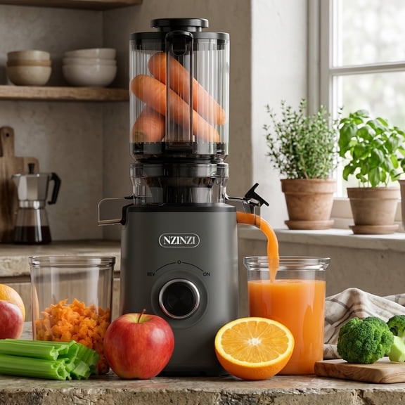 NZINZI Cold Press Masticating Juicer, Self-Feeding Large Chute, Easy to Clean, Dark Gray