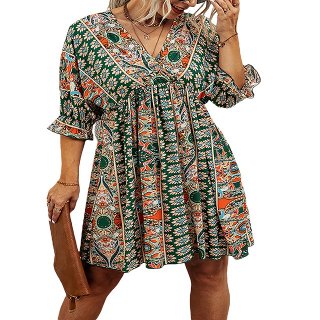 Robe Décontractée pour Femmes à Col en V à Manches Mi-Longues Style Boho Robe Imprimée Été Midi Robes S/M/L/XL