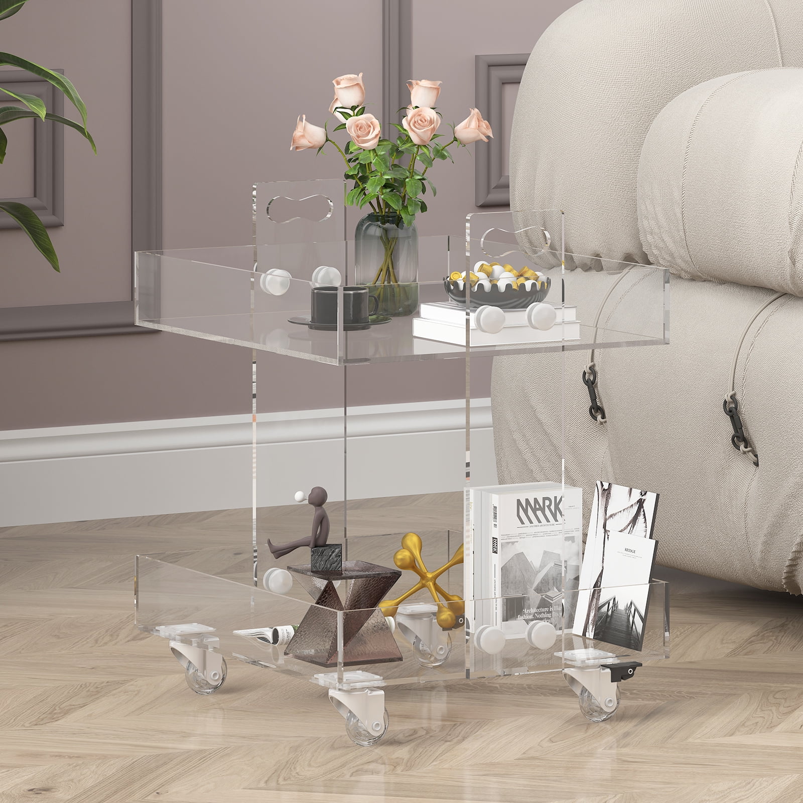 MUZZ Original Acrylic Side Table,Clear Table with Wheels,Rolling