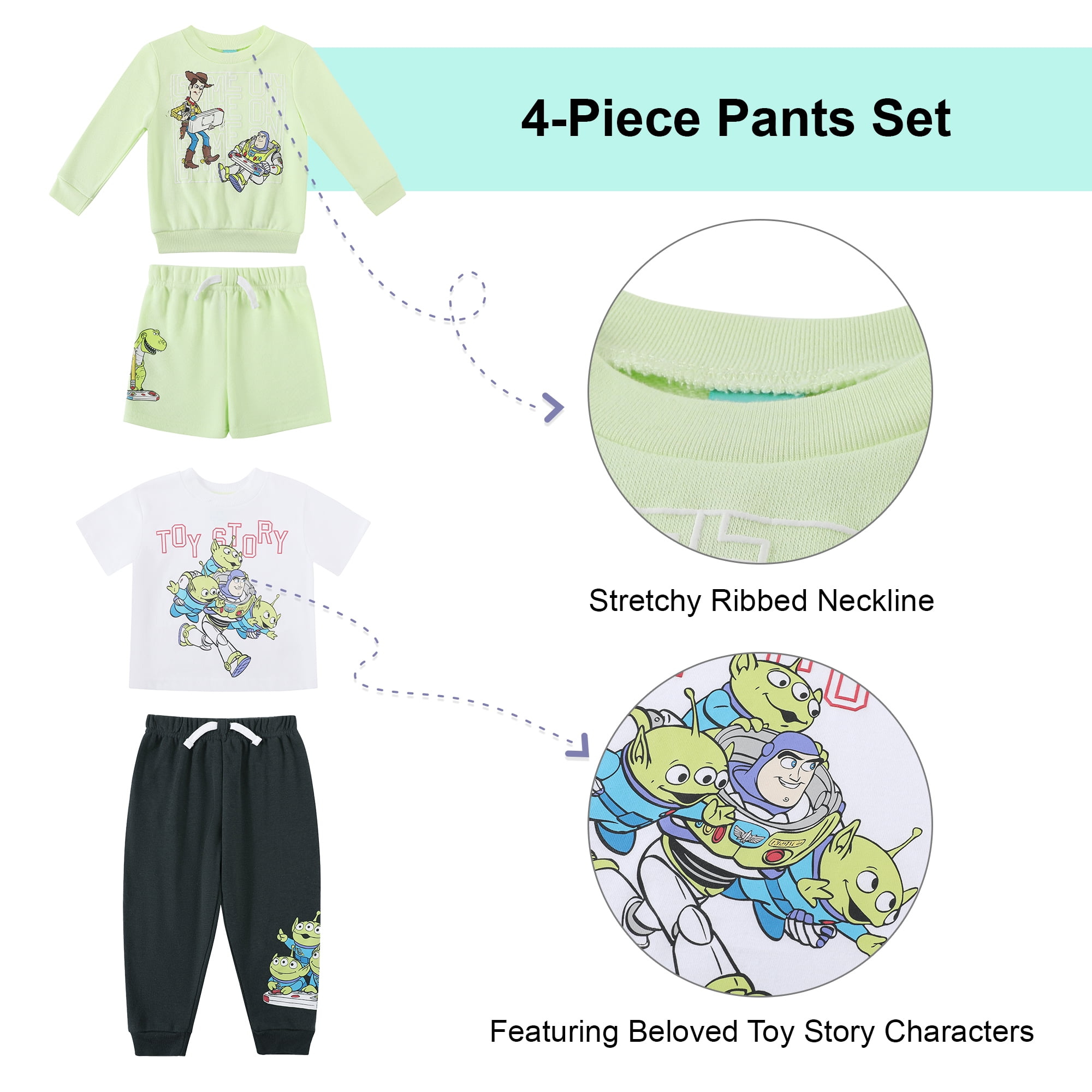 Disney Clothes Baby Boys 4-Piece Set – Disney Pixar Toy Story Outfit Set with Pullover, Tee, Shorts & Pants (Green/Black/White) – 2T