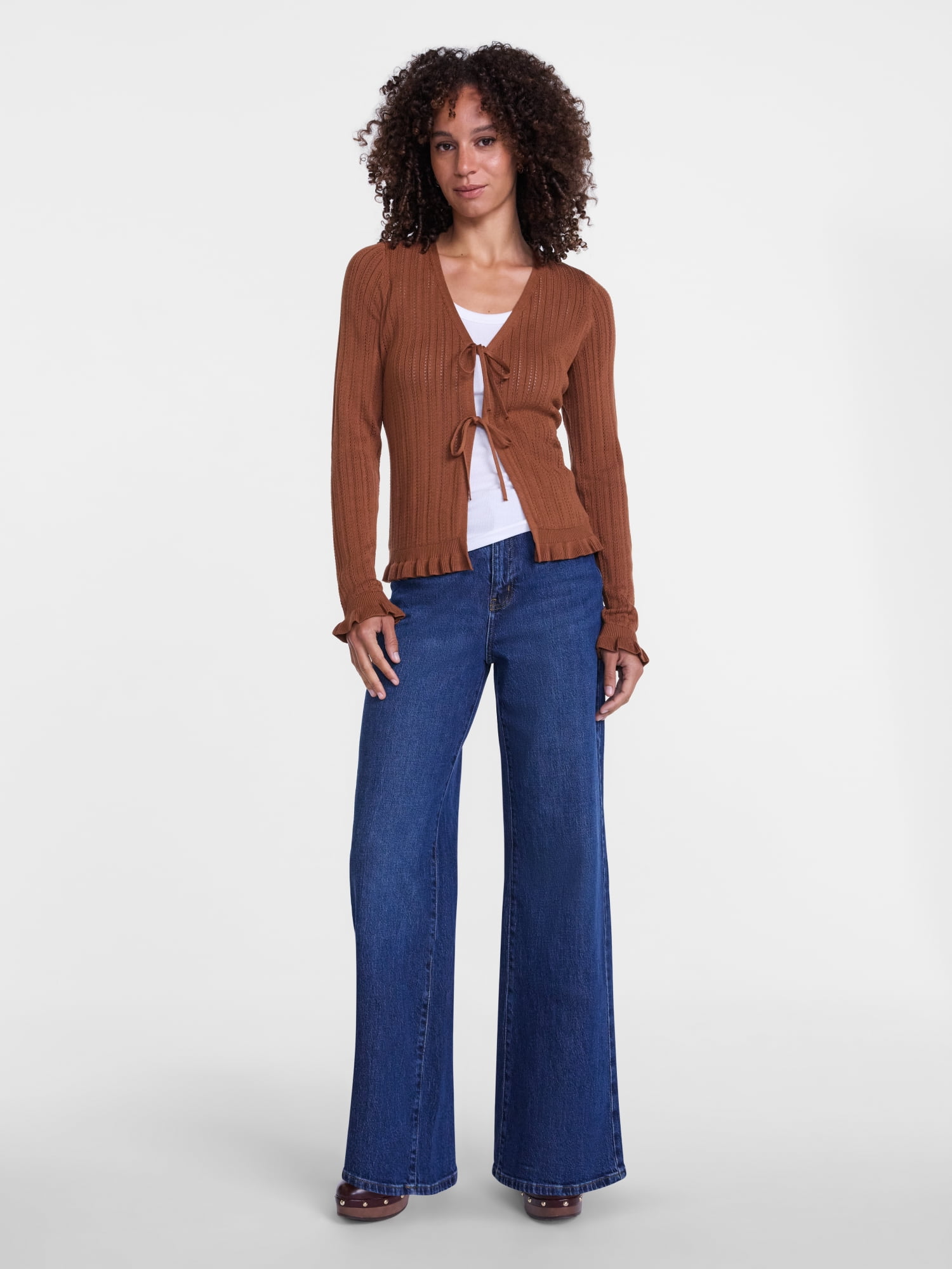 Scenario Women's Eyelet Tie Front Cardigan, Lightweight, Sizes XS-XXXL