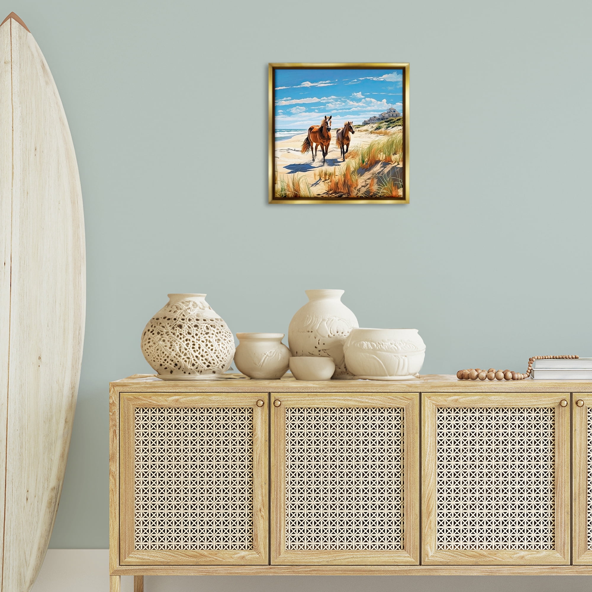 Stupell Industries Galloping Beach Horses Coastal Painting Gold Floater Framed Canvas Art Print Wall Art, 18 x 18