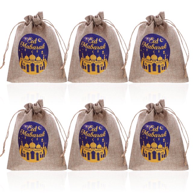 SUTENGDA 6Pcs Candy Gift Bags Festival Drawstring Bags Eid Mubarak Packing Bags Multi-Function Goodie Bags