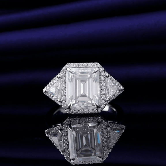 Eclet Jewels 2 Ct Modern Elongated Emerald Cut Diamond Rings - 14K White gold Plated Rings - Vintage Style East West Diamond Halo Rings for Women's - Retro Inspired Rings for Jewelry