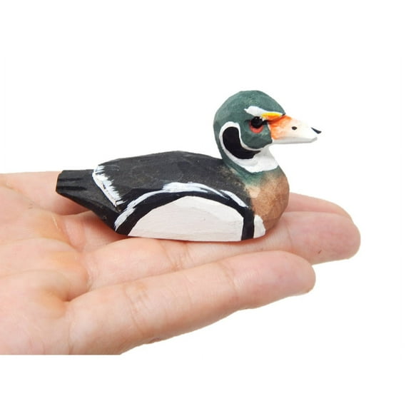 Wood Duck Drake Figurine - Wooden Miniature Bird Statue Handmade Carving Home Decor Decoration Decoy Small Animals