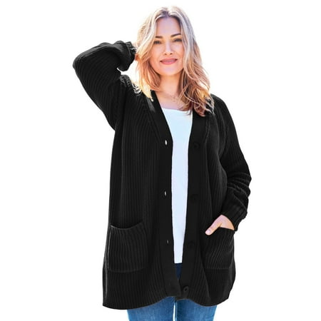 Woman Within Women's Plus Size Button-front Shaker Cardigan Color: Black Size: MEDIUM