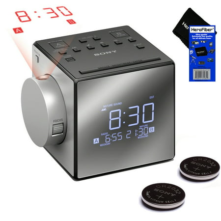 Sony Dual Projector Alarm Clock w/ Extendable Snooze, 5 Nature Sounds, AM/FM Radio, Built-in Calendar, LED Display, & Battery Backup (Black) + Sony Replacement Batteries (2 pack) + Cleaning