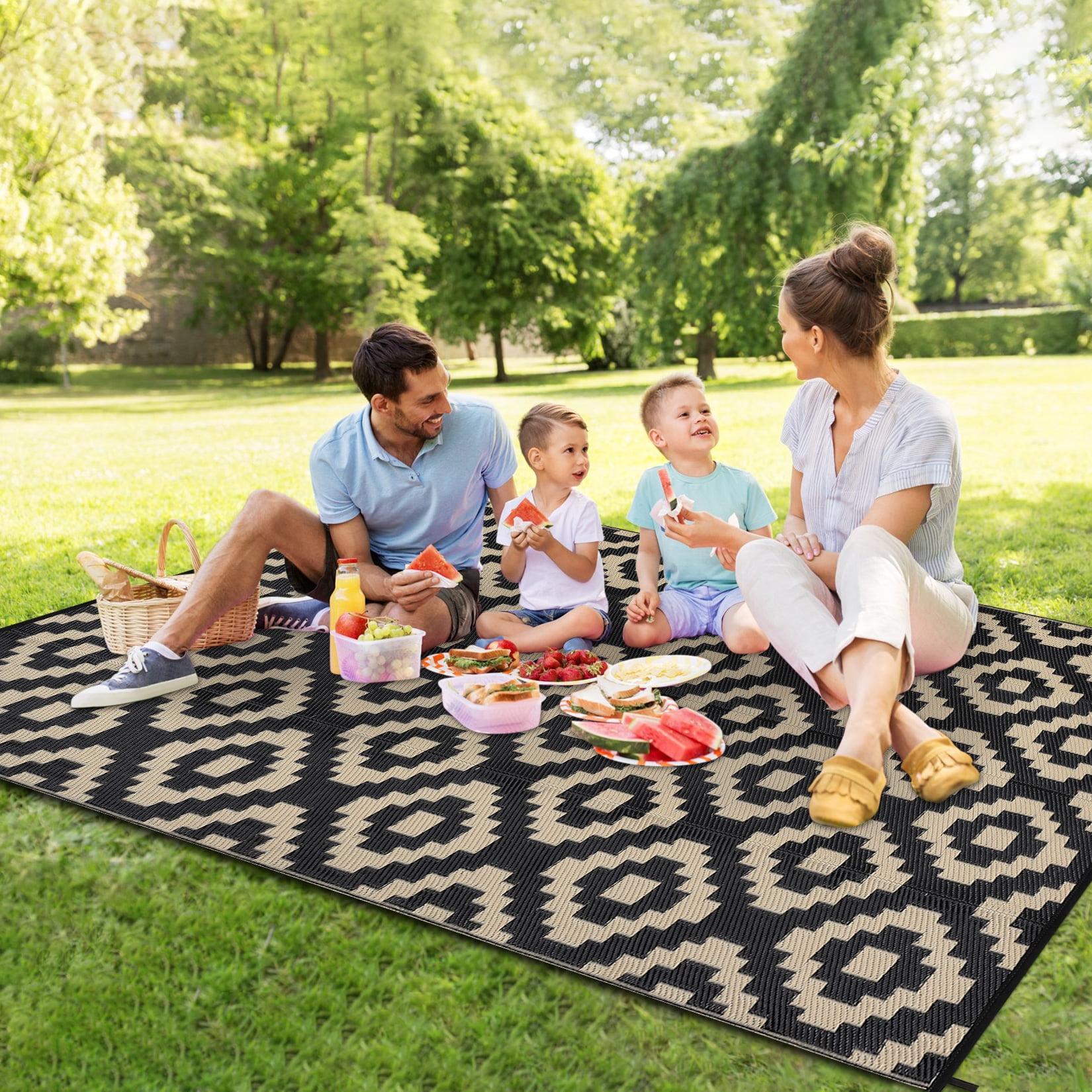 Twister.CK 8x10' Waterproof Outdoor Rug, Reversible Plastic Patio Rugs with Storage Bag, Portable Modern Indoor Outdoor Carpet for Camping, Balcony Deck Backyard, Black & Coffee