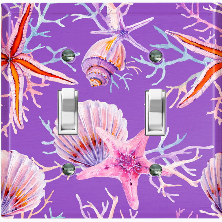 Metal Light Switch Wall Plate Outlet Cover (Ocean Sea Star Fish Shell Coral  Clam Purple - Double Toggle)