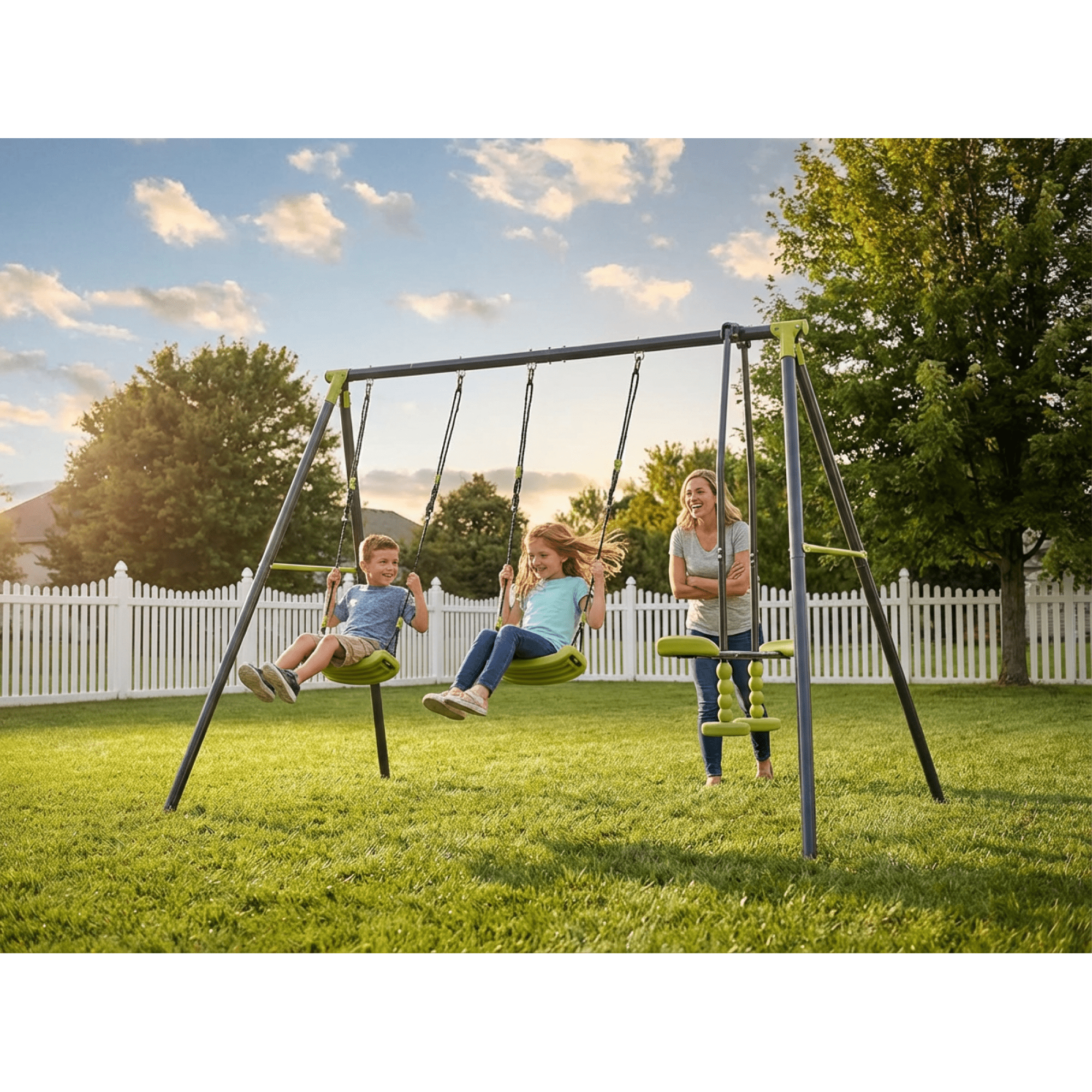 Leumius 3-in-1 Swing Set for Backyard with Stand,Swing Heavy Duty 440lbs Metal Outdoor Swing Stand for Playground, Backyard Playset,Green