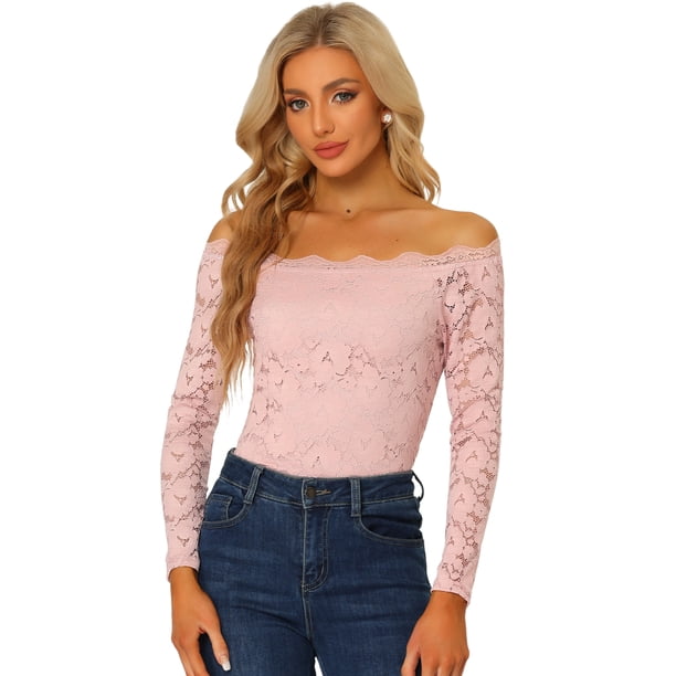 Blusa de manga larga transparente con hombros descubiertos y encaje floral para mujer Rosa L