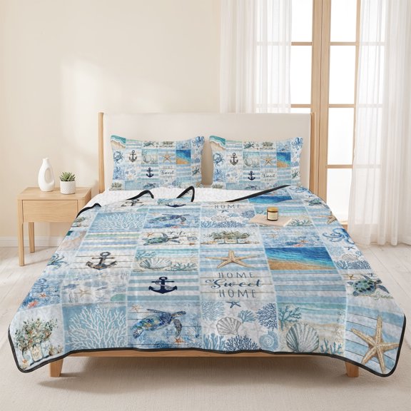 Queen Quilt Set, Summer Beach Nautical Anchor Starfish Lightweight Quilt Sets Summer Comforter Coverlets with 2 Pillow Shams, Sea Turtle Coral Blue Plaid 3 Piece Bedding Set for All Seasons