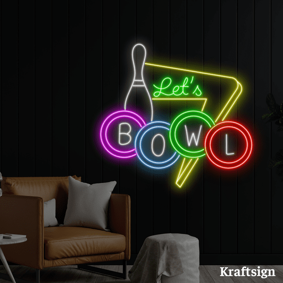 Craftnamesign Let's Bowl Neon Sign, Bowling Club Decor, Game Room LED Sign