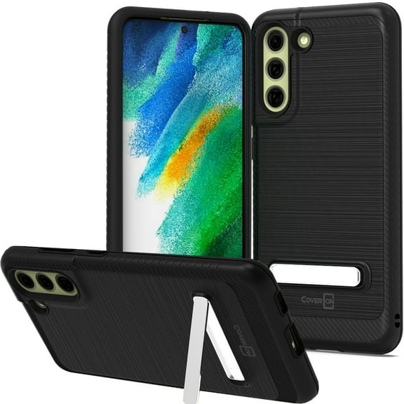 CoverON For Samsung Galaxy S21 FE Phone Case, Slim Metal Kickstand Rugged Dual Layer Cover, Black