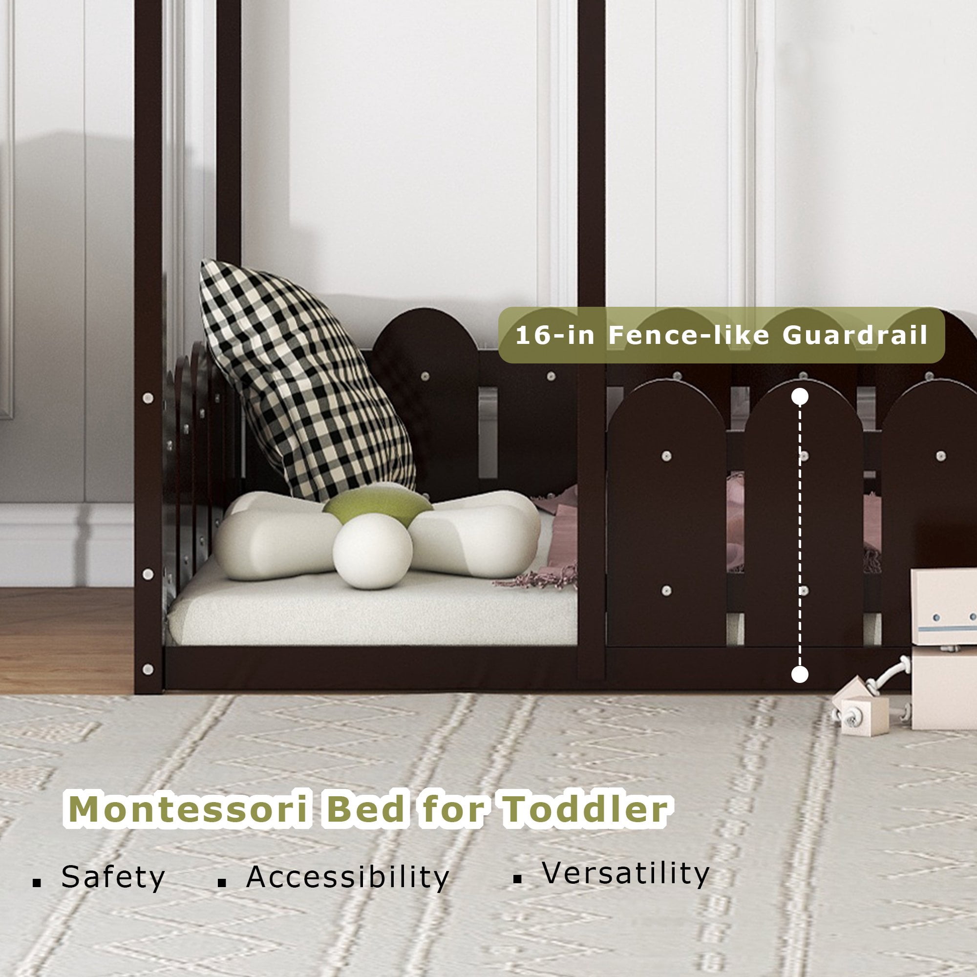 Gewnee Twin Size House Bed with Fence and Roof,Wood Floor Bed Frame for Toddlers and Kids,Espresso
