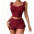 thumbnail image 5 of FRSASU 2 Piece Pajama Set for Women Ruffle Strap Ruched Sleeveless Ribbed Knit Cami Top and Ruffle Shorts Summer Loungewear Wine, 5 of 6