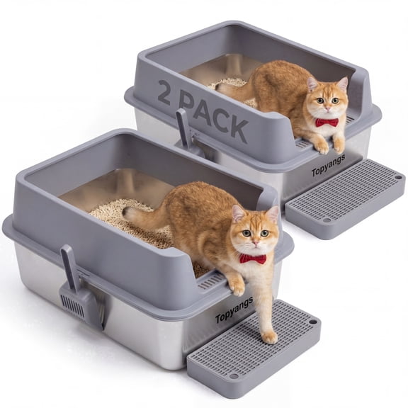 Topyangs 2 Pack XXL-Stainless Steel Open Top Litter Box with Litter Scoop & Foot Pedal, Gray