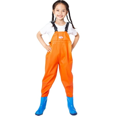 SONXAHE Kids Solid Color Waterproof Waders Overalls with Boots for Outdoor Orange