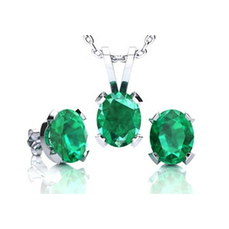 1 1/3 Carat Oval Shape Emerald Necklace and Earring Set In Sterling Silver