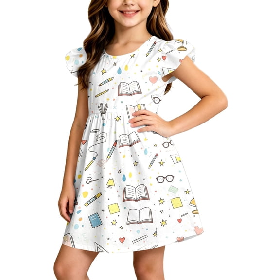 Curuila Child Toddler Girls Dress Flutter Sleeve Cartoon Print Crew Neck For School Comfort Dresses Size 18-24 Months