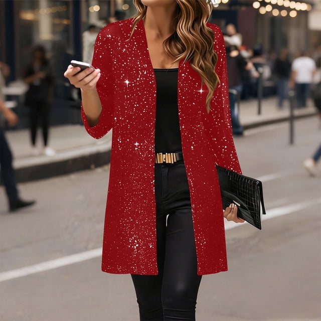 TaTaai 2026 Fall Women’s Sequined Mesh Tee Long Sleeve Loose Jacket Casual Solid Color Fashion Top Glitter Polyester Daily Party Shirt Gift