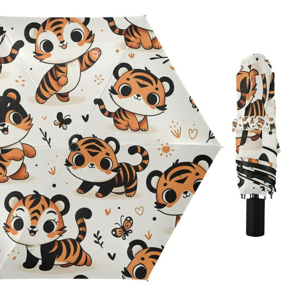 Cute Cartoon Tiger Compact Sun Umbrella Windproof Travel Umbrellas for Rain Strong Portable UV Protection