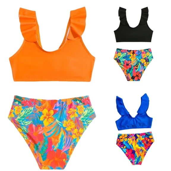MUXiin Girl Swimsuit Size 10-12 Two Piece Solid Color Girls Swimsuit Tankini Rash Guard Stylish Design Pool Party Swimsuit Trendy Pretty Girls' Pool Wear