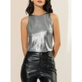 thumbnail image 6 of MODA NOVA Juniors Metallic Crew Neck Sleeveless Cam Tank Top Dark Silver M, 6 of 7