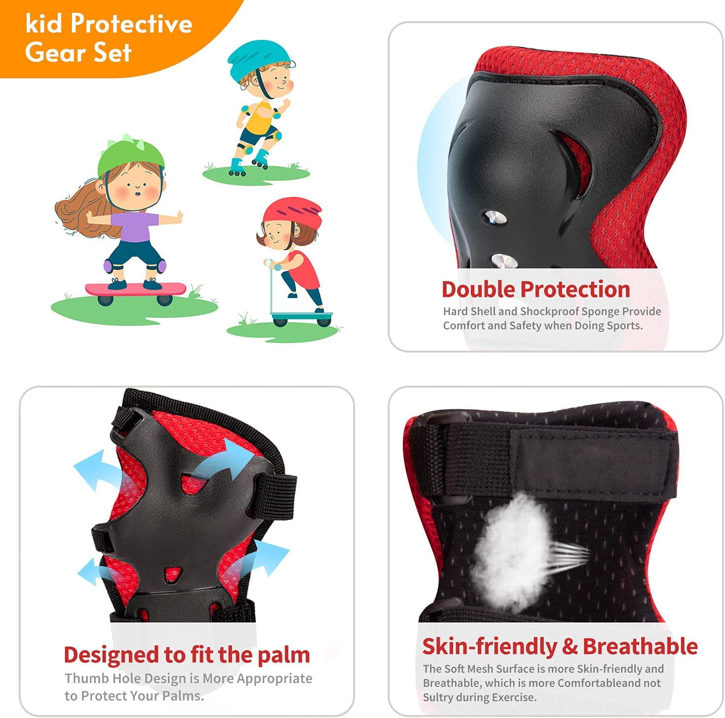 JEEXI 7 Pack Knee & Elbow Pads for Kids Youth Children Guards Protective Gear Pad Set for Roller Skates Cycling BMX Bike Skateboard Inline Skating's Scooter Riding Sports (Red)