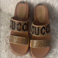 thumbnail image 3 of Off brand Gu-cci Tan Wedge Sandals with Gold Accents, 3 of 4
