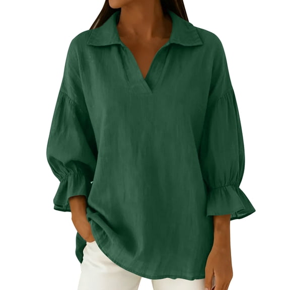 Lenpel Women's Cotton Linen Tops Ruffle 3/4 Sleeve V Neck Solid Color Collared Tunic Blouses Loose Casual Work Shirts(Army Green,X-Large)