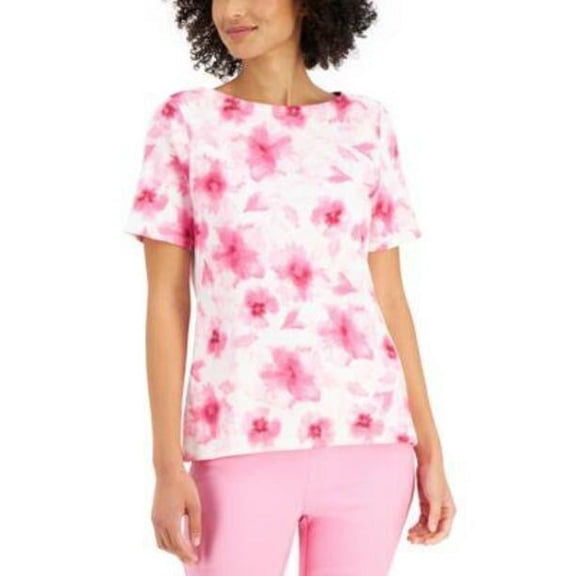MSRP $20 Charter Club Womens Cotton Floral-Print Top Pink Size Large