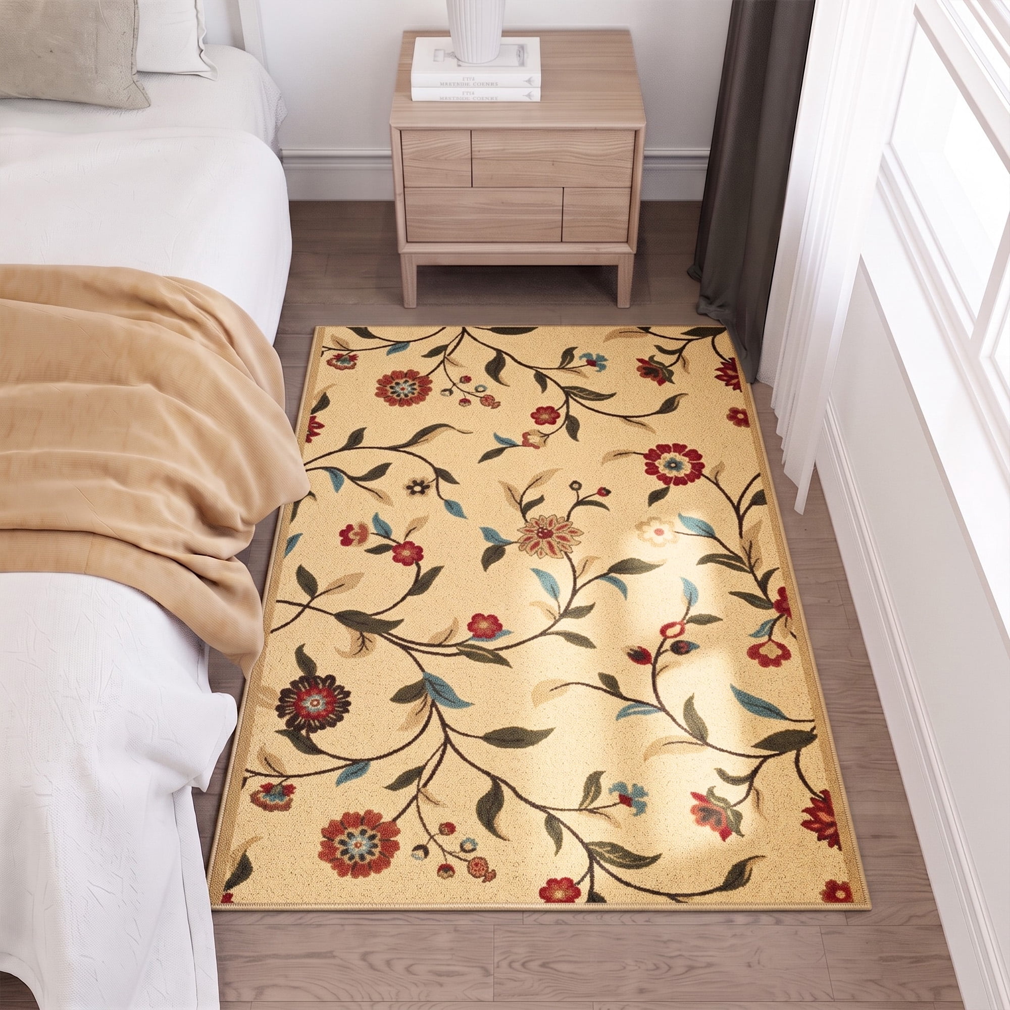 Ottomanson 2'7" x 5' Area Rug – Non-Slip Low Pile Stain Resistant Rug for Bedroom & Entryway, Floral Beige