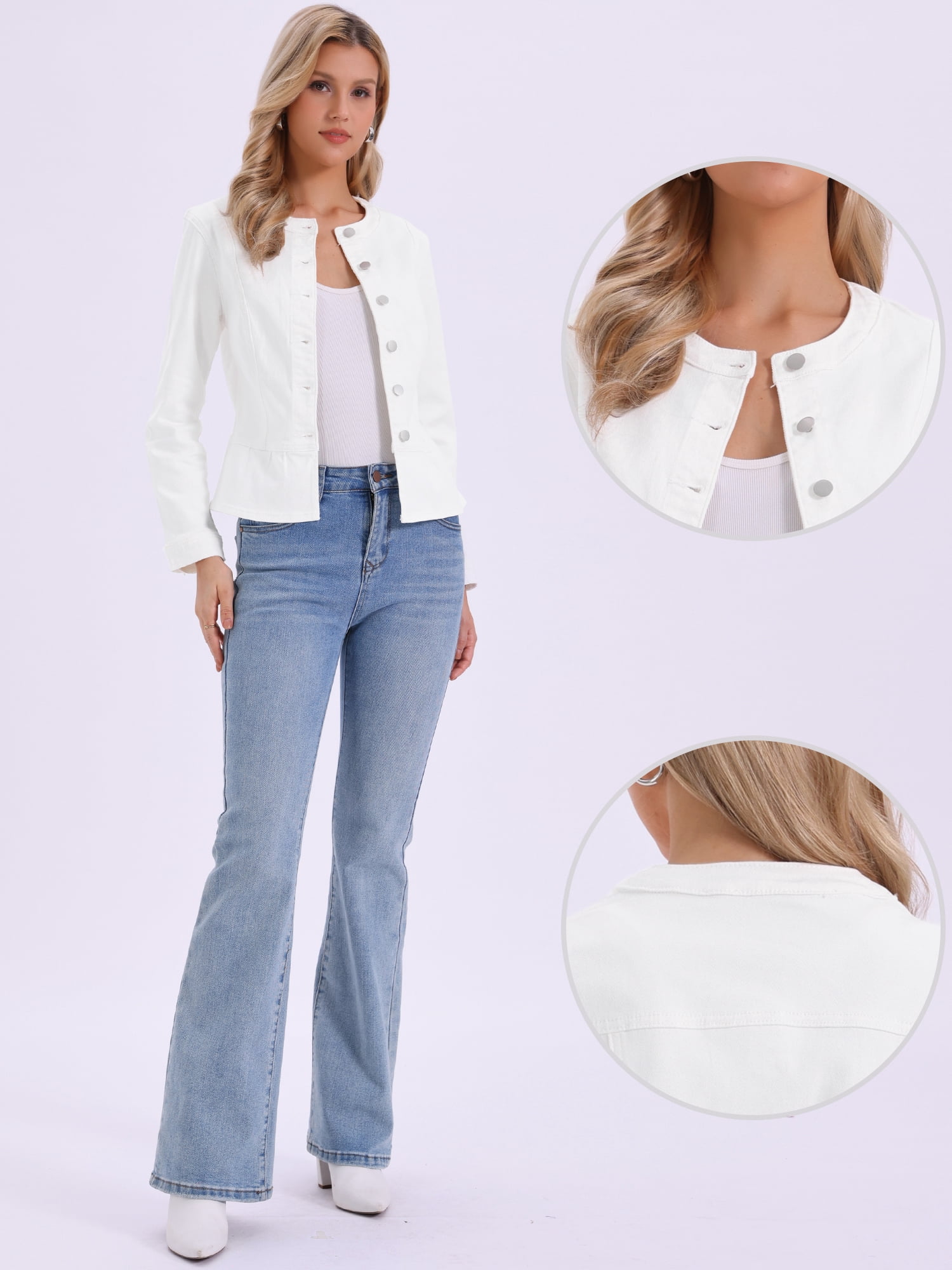 DARING DIVA Women's Peplum Hem Button Down Collarless Jean Jacket L White