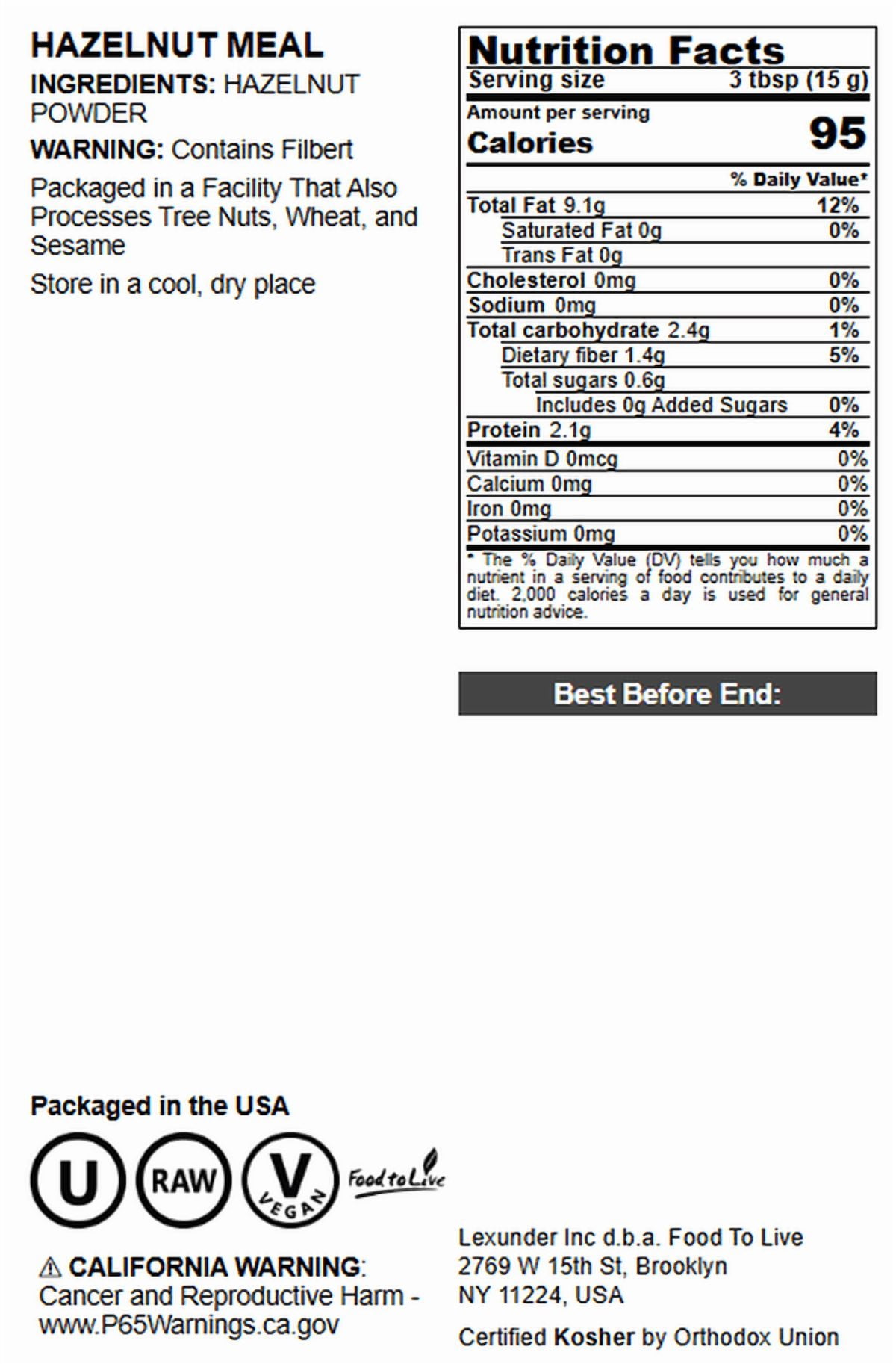 Hazelnut Meal, 2 Pounds – Vegan, Kosher, Bulk – by Food to Live