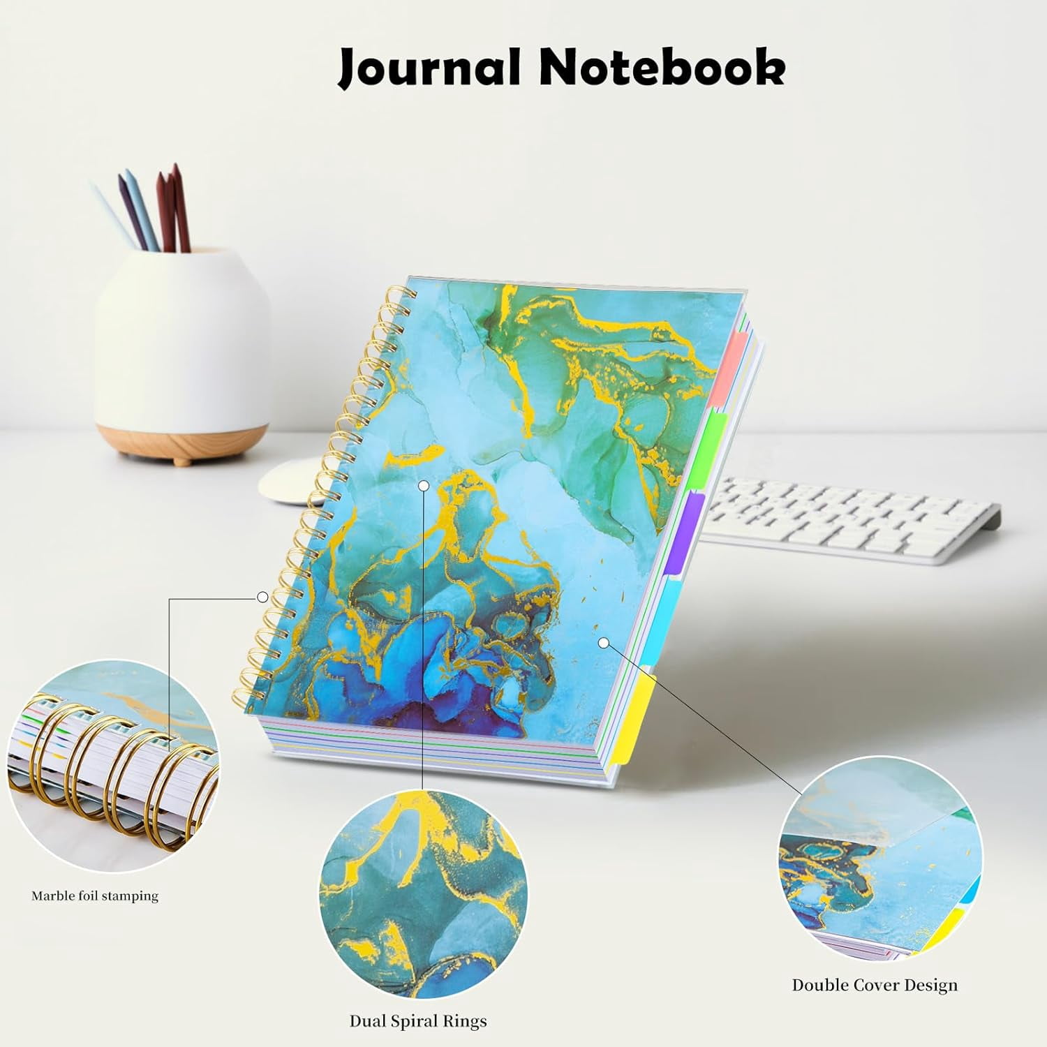 5 Subject Notebook College Ruled, A5 Spiral Notebook with Removable Pocket Dividers Tabs, Lined Organizer Notebook Journal for Women, 240 Pages Notebooks for Work School Note Taking, Blue Marble