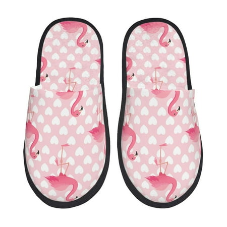 

Qekee Cute Flamingo with Heart print Slippers for Women and Men Fluffy Cute Cozy House Slipper Funny Furry Bedroom Slippers for Women Indoor -Medium