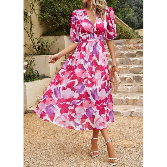 Summer Short-Sleeved Elegant Waist-Defining V-Neck Chiffon Print Dress