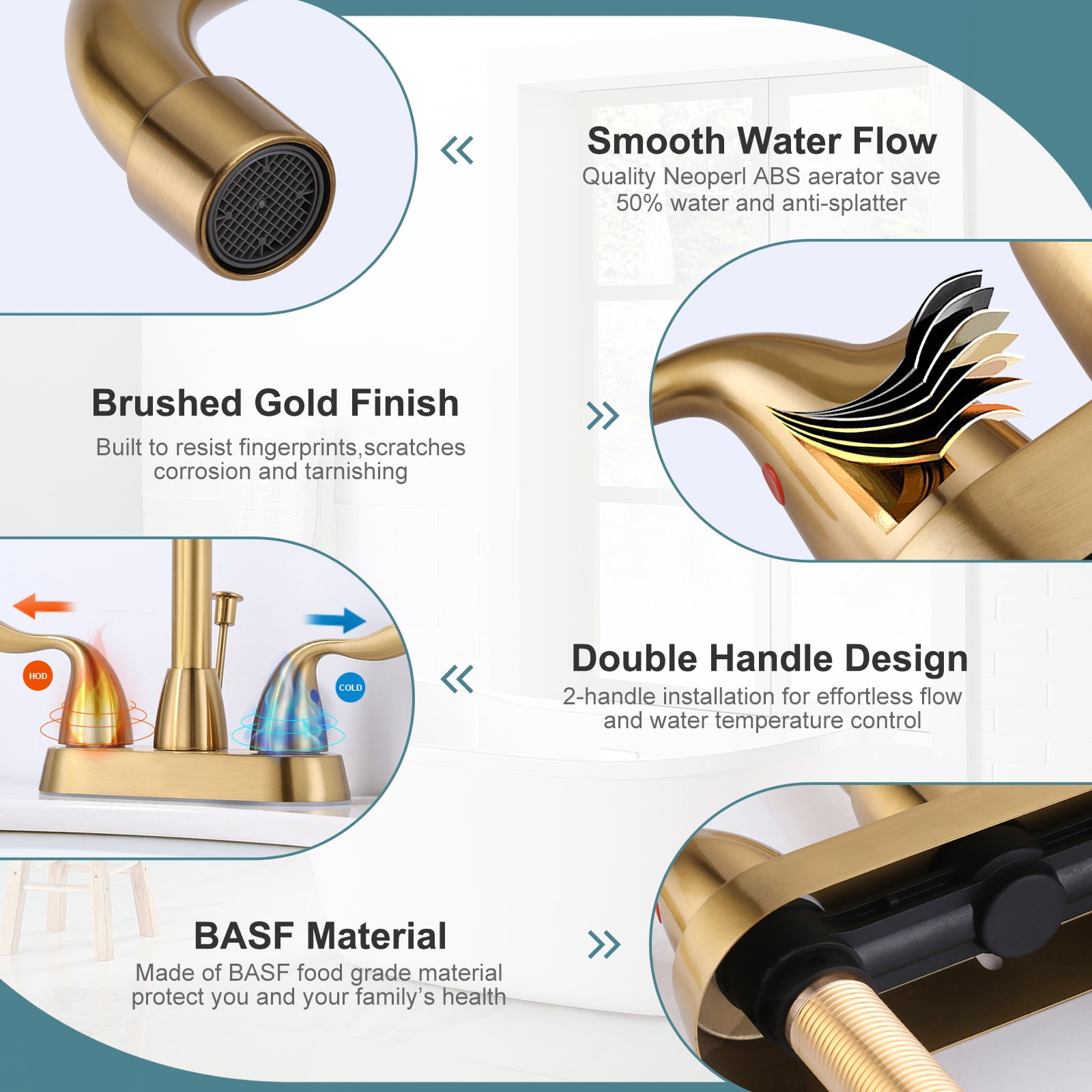 Brushed Gold Bathroom Faucet, WOWOW 4 inch Centerset Bathroom Faucet with Drain Assembly and Supply Lines, Gold Faucet for Bathroom Sink