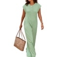 thumbnail image 4 of Women's Short Sleeve Wide Leg Striped Bodysuit Casual Round Neck Bodysuit Button Summer Suit, 4 of 8