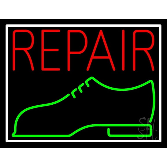 Red Repair Shoe Logo LED Neon Sign 15 x 19 - inches, Black Square Cut Acrylic Backing, with Dimmer - Bright and Premium built indoor LED Neon Sign for store interior Décor, Storefront.